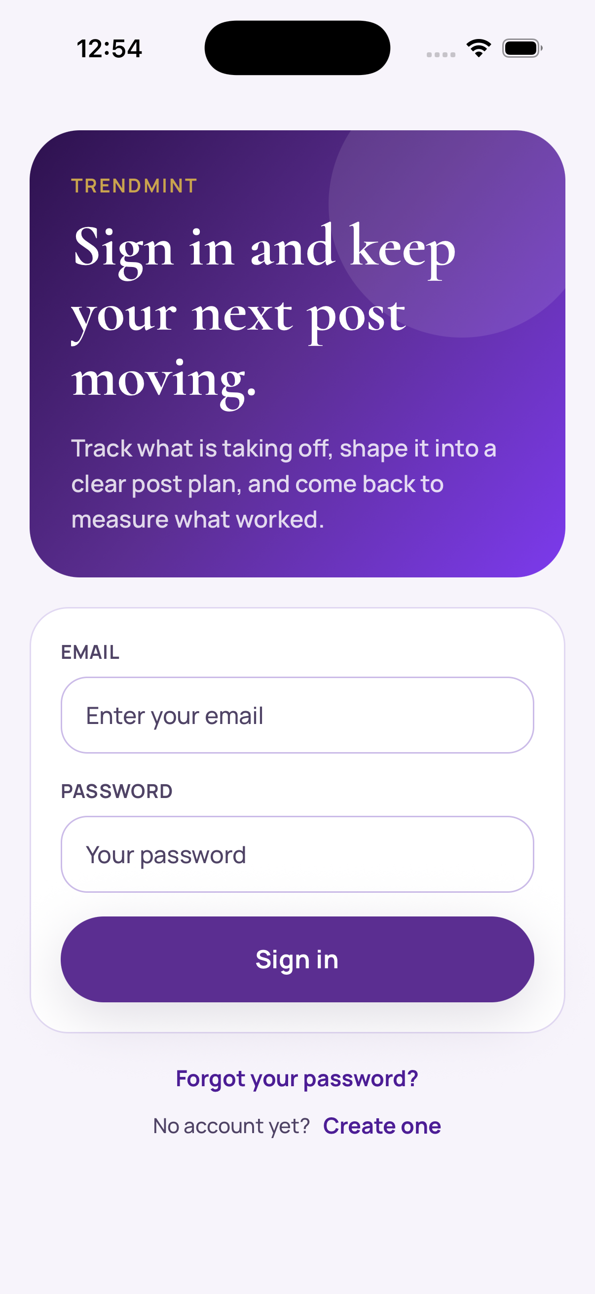 TrendMint sign in screen shown on mobile.